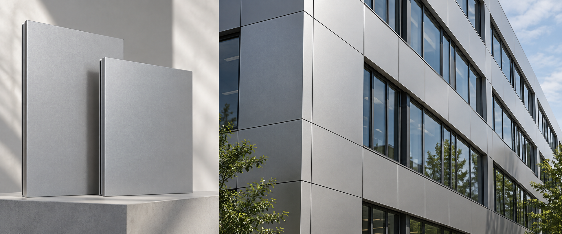 Aluminum-faced panel samples and facade application illustration