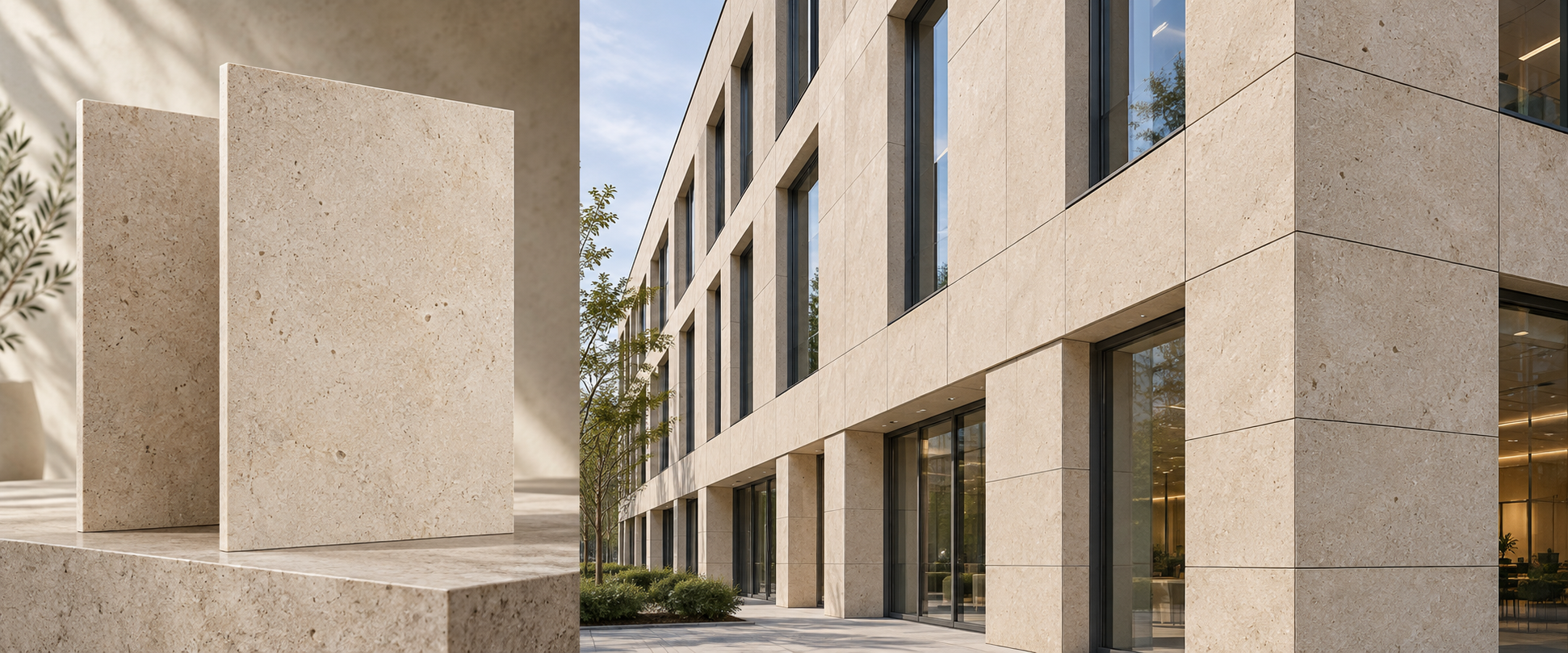Stone-look ceramic-faced panel samples and facade application illustration