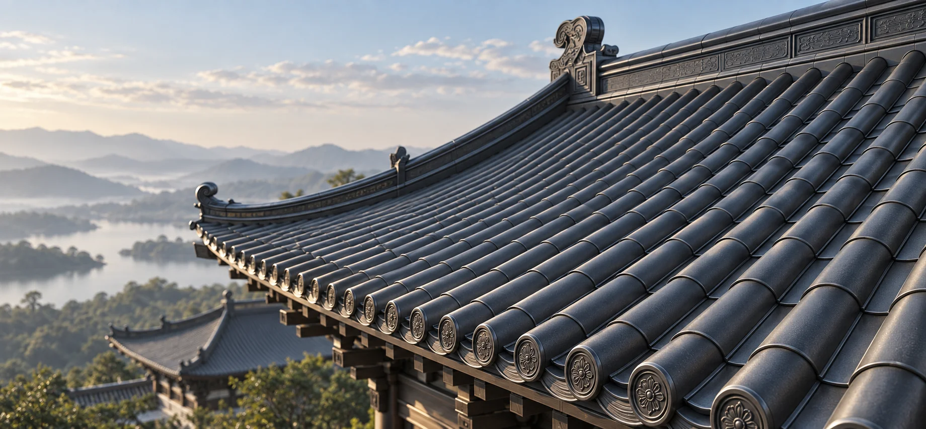 Close-up visualization of Chinese-style metal roof tiles